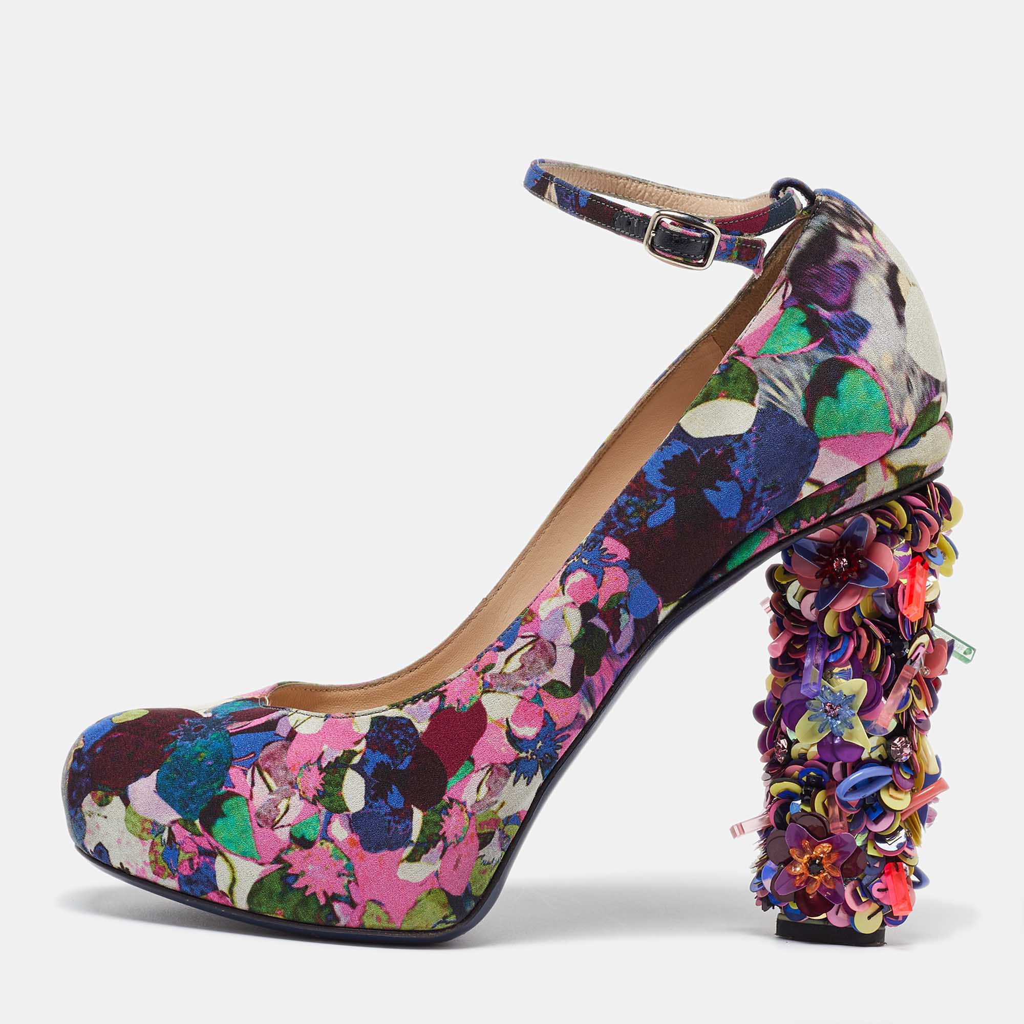 

Nicholas Kirkwood Multicolor Printed Fabric Embellished Heel Ankle Strap Pumps Size