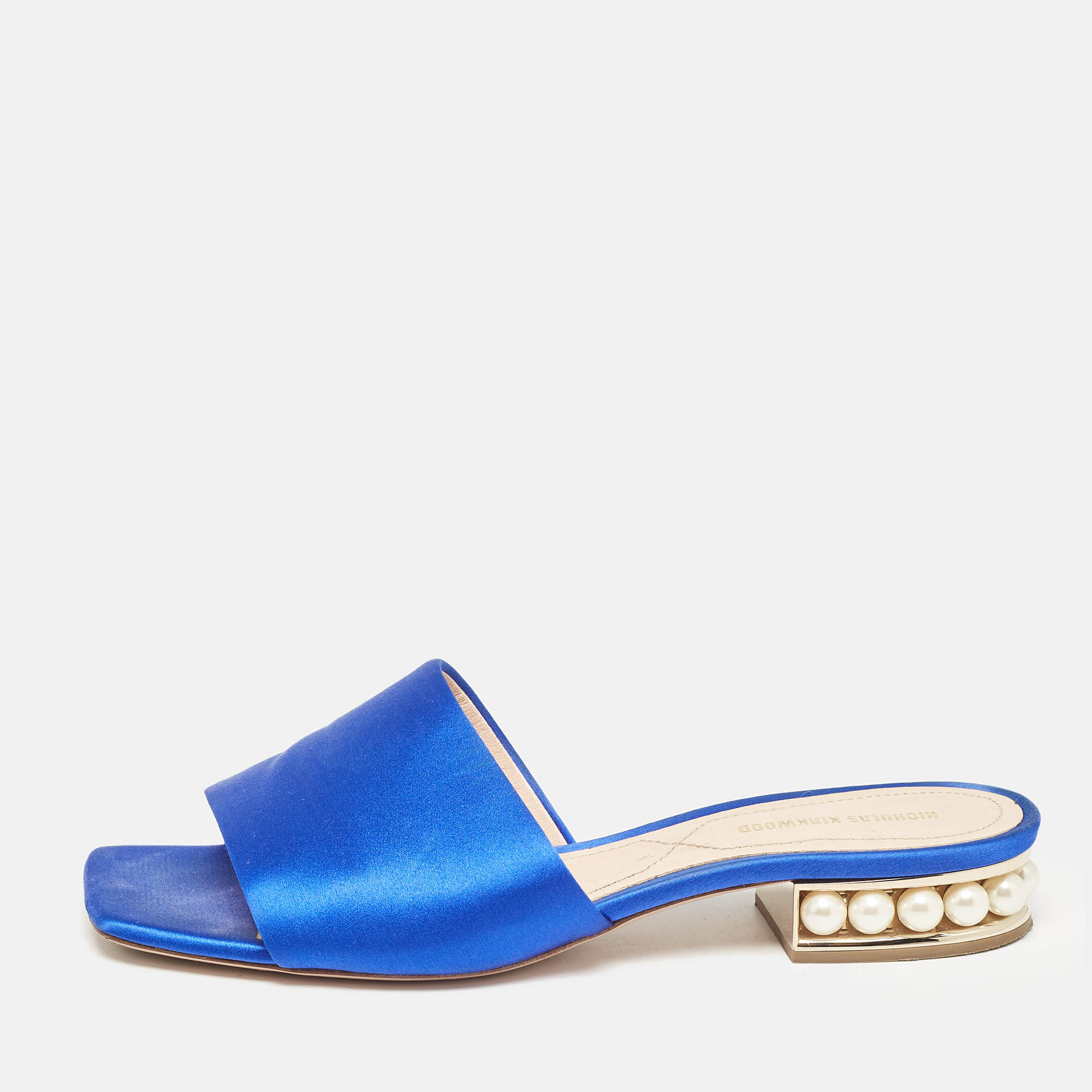 Pre-owned Nicholas Kirkwood Blue Satin Crystal Embellished Slides Size 38