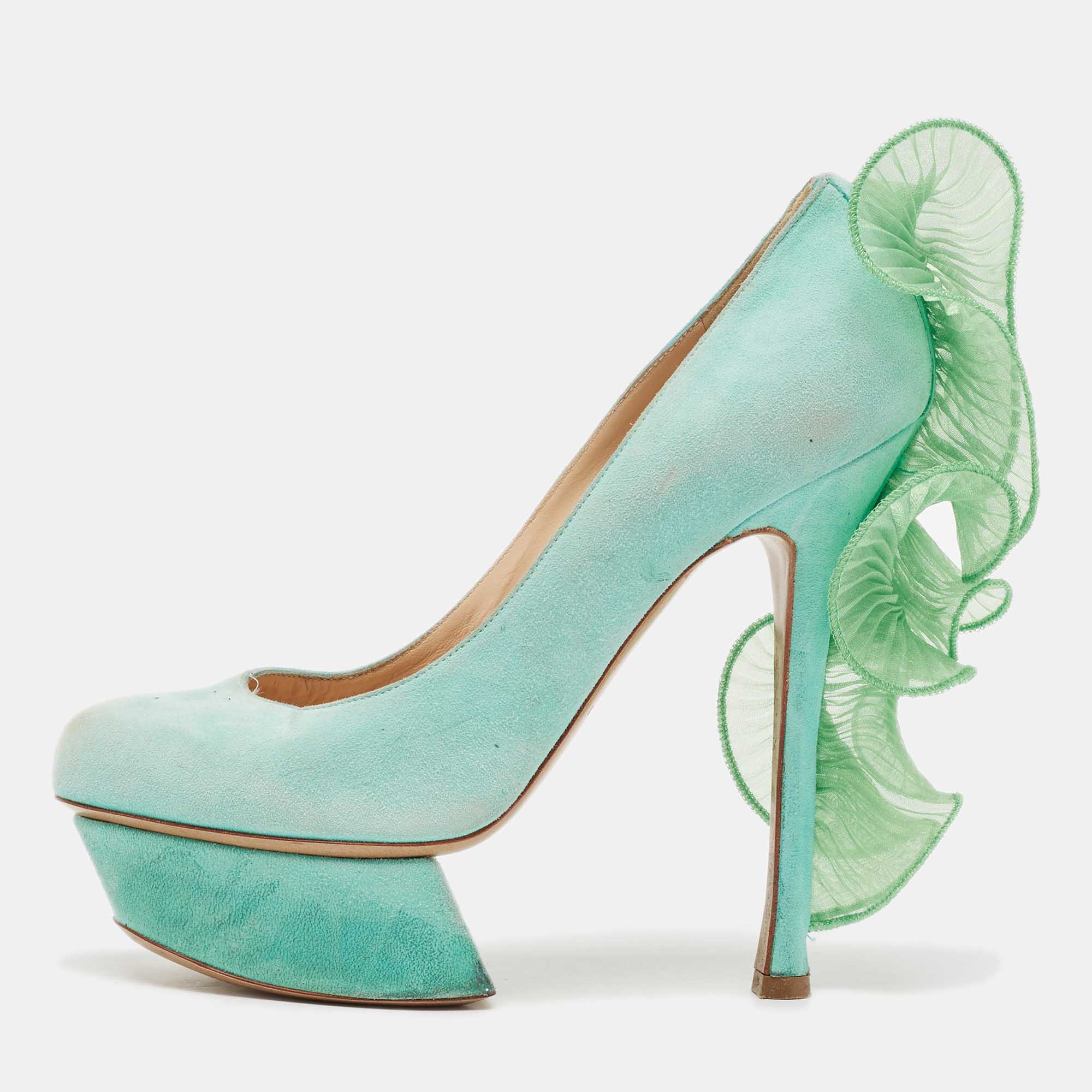 

Nicholas Kirkwood Mint Green Suede Ruffle Trimmed Platform Pumps Size