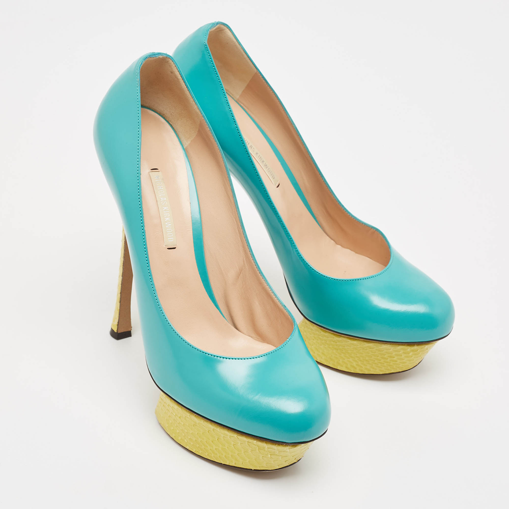 Nicholas Kirkwood Blue/Yellow Leather and Python Leather Platform Pumps Size 41 