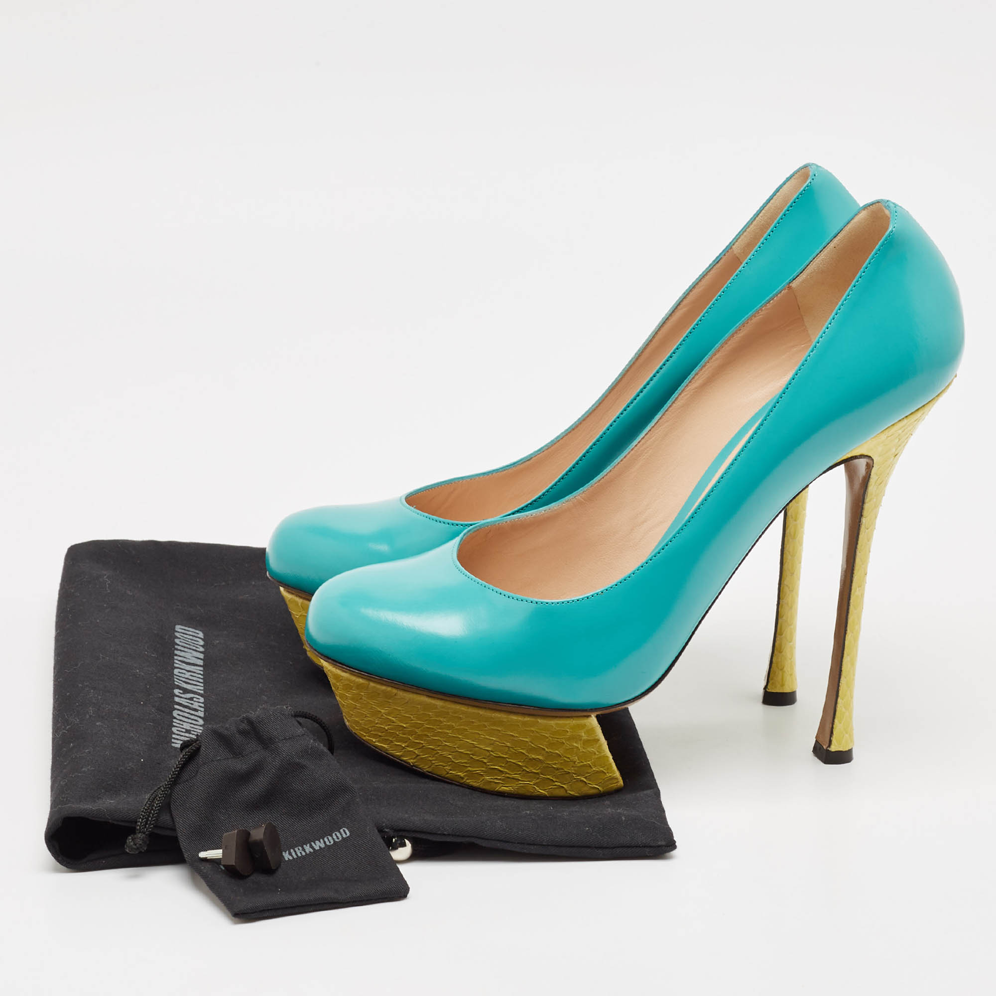 Nicholas Kirkwood Blue/Yellow Leather and Python Leather Platform Pumps Size 41 