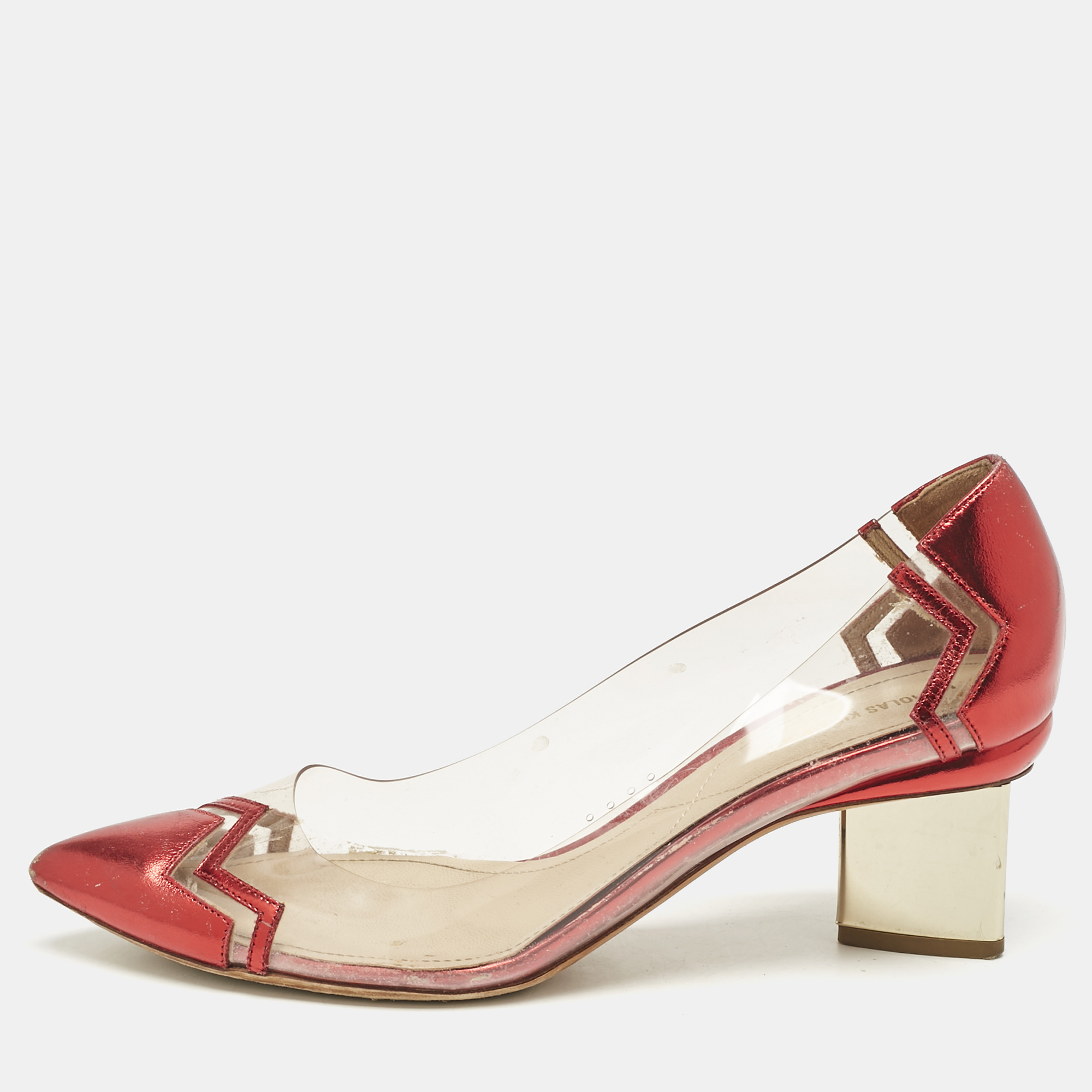 

Nicholas Kirkwood Red/Transparent Leather and PVC Block Heel Pumps Size