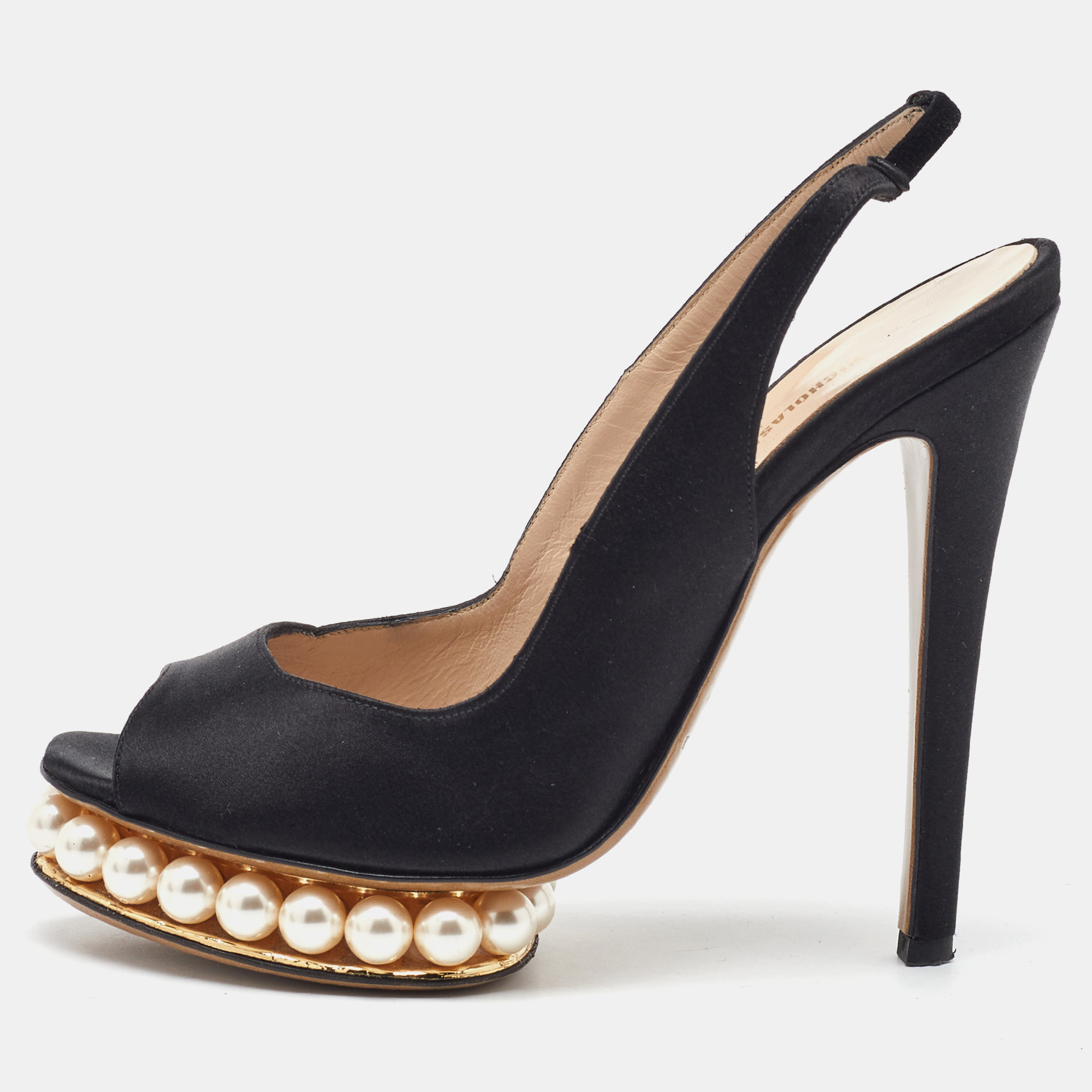 

Nicholas Kirkwood Black Satin Pearl Platform Slingback Sandals Size
