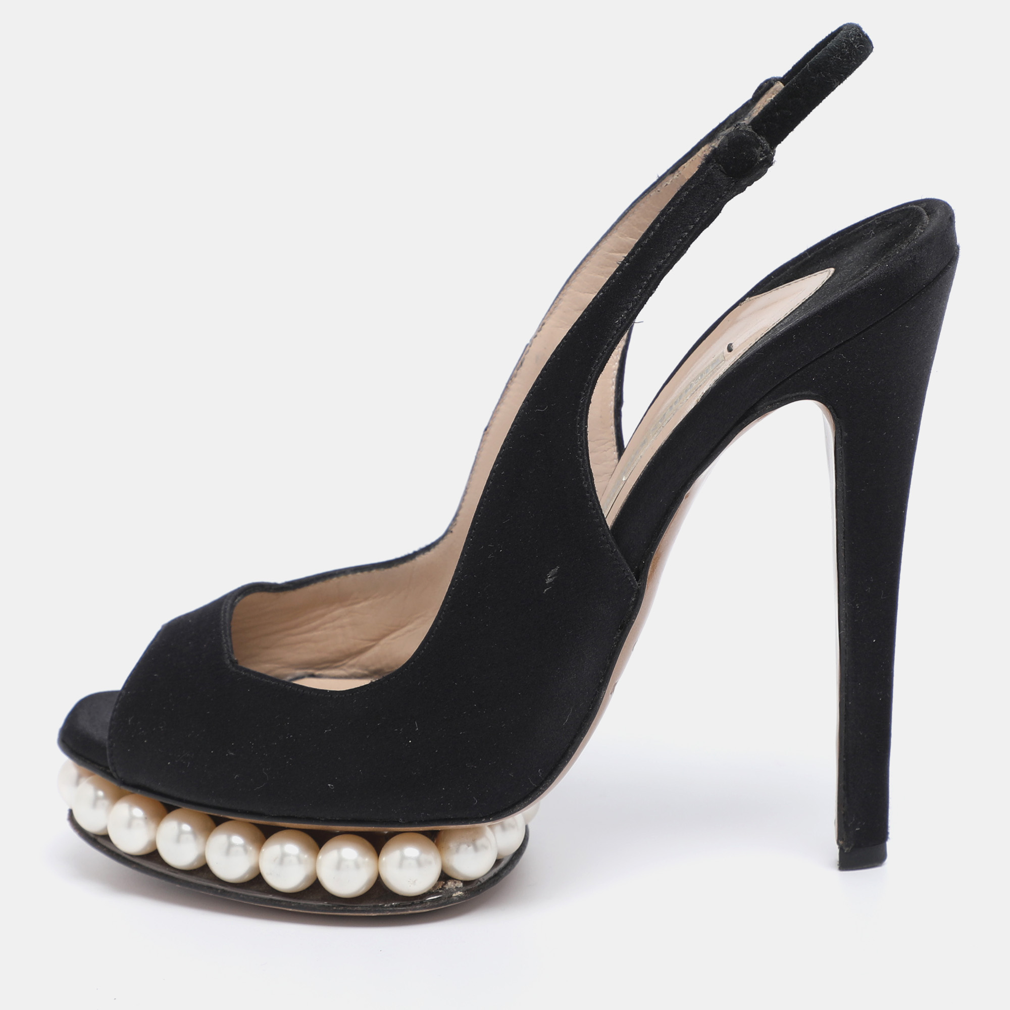 

Nicholas Kirkwood Black Satin Pearl Embellished Platform Slingback Pumps Size
