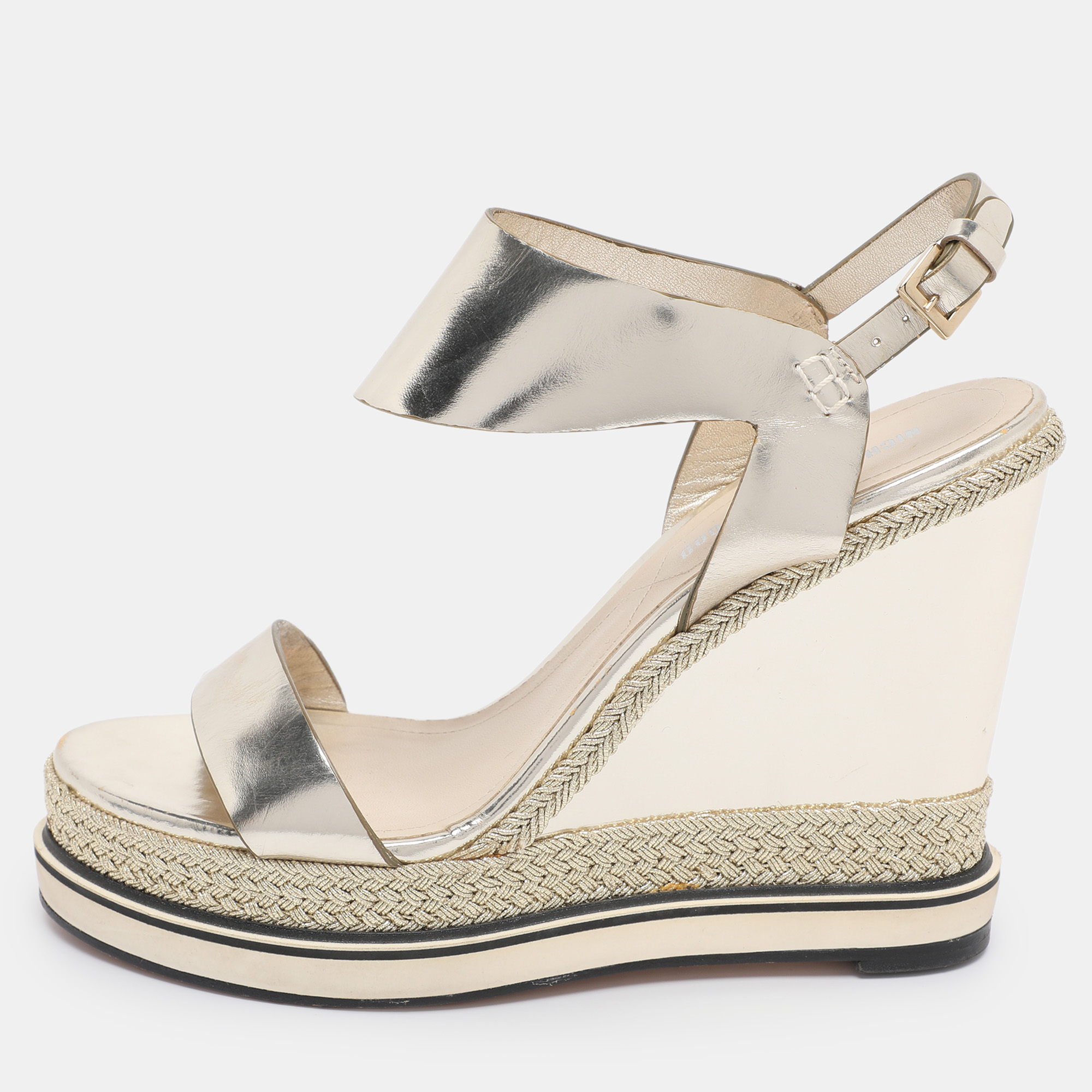 

Nicholas Kirkwood Metallic Gold Foil Leather Wedge Espadrille Ankle Strap Sandals Size 38.5