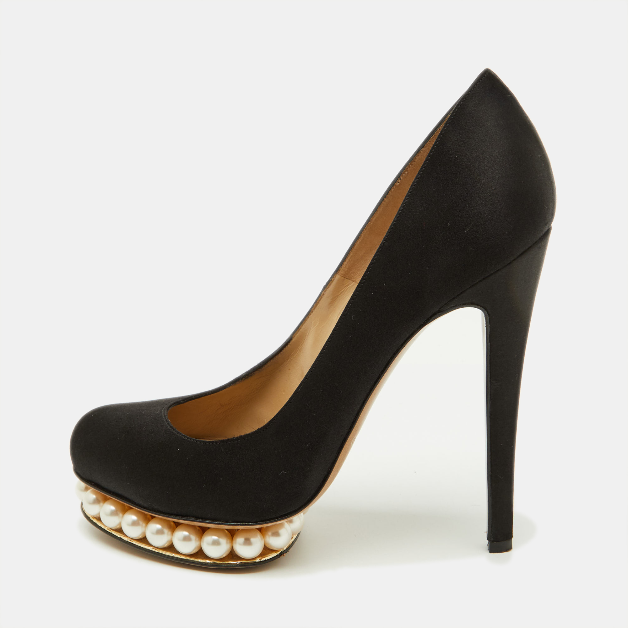

Nicholas Kirkwood Black Satin Faux Pearl Casati Platform Pumps Size