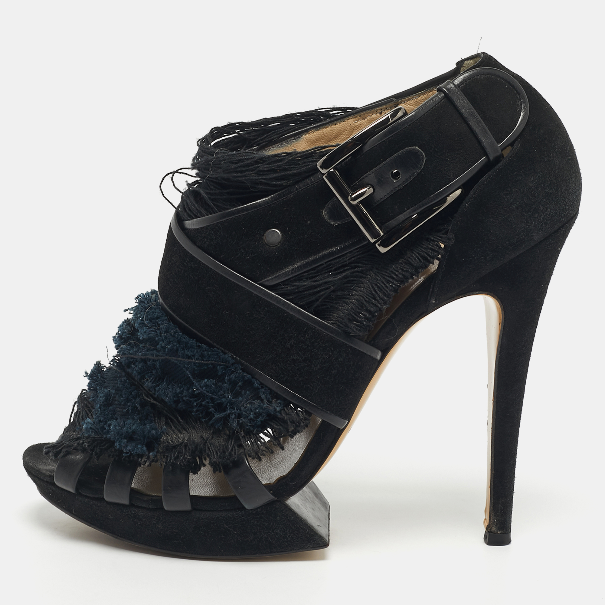 

Nicholas Kirkwood Black/Blue Suede And Fabric Criss Cross Platform Booties Size