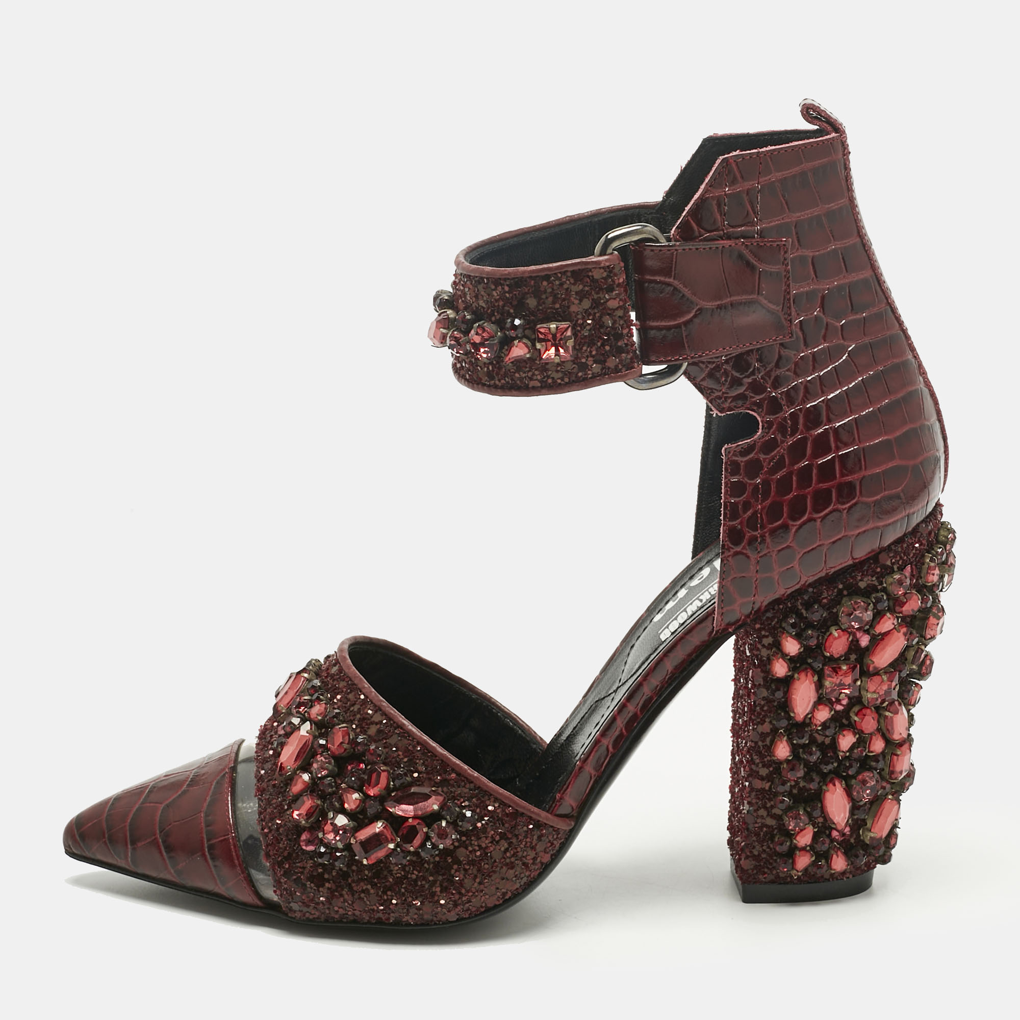 Pre-owned Nicholas Kirkwood Burgundy Croc Embossed And Crystal Embellished Pumps Size 36