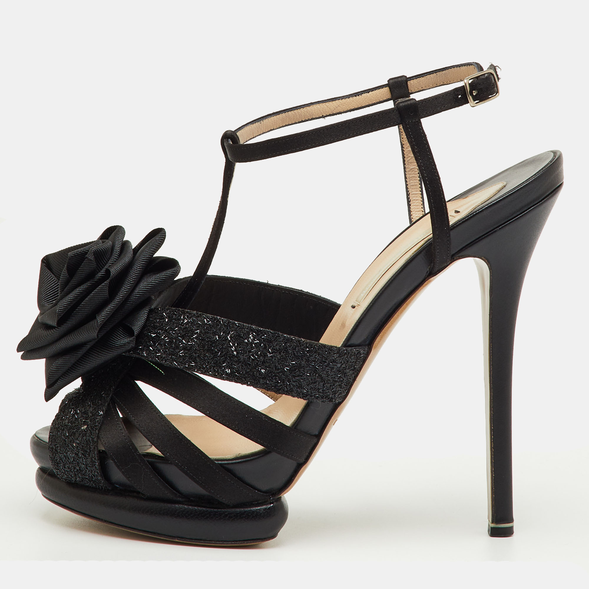 Pre-owned Nicholas Kirkwood Black Satin And Glitter Rose Platform Sandals Size 37