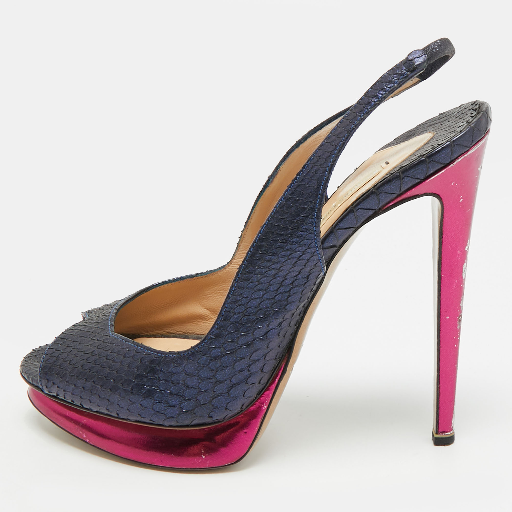 

Nicholas Kirkwood Size  Navy Blue Python Leather Peep Toe Slingback Pumps