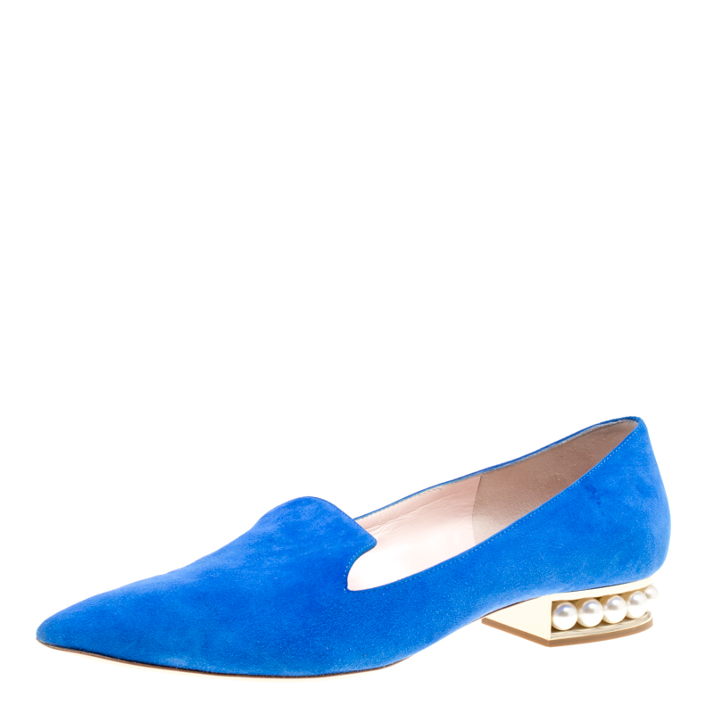 Pre Owned Nicholas Kirkwood Blue Suede Casati Faux Pearl Heel Pointed Toe Loafers Size 39