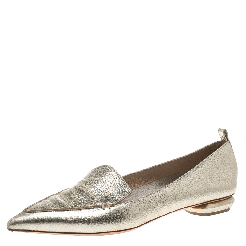Nicholas Kirkwood Gold Textured Leather Beya Pointed Toe Loafers Size 39