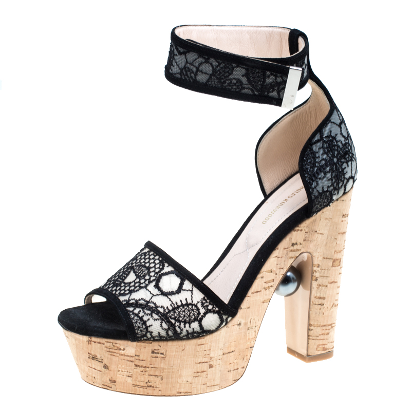 Nicholas Kirkwood Black Lace Maya Pearl Platform Ankle Strap Sandals Size 38.5
