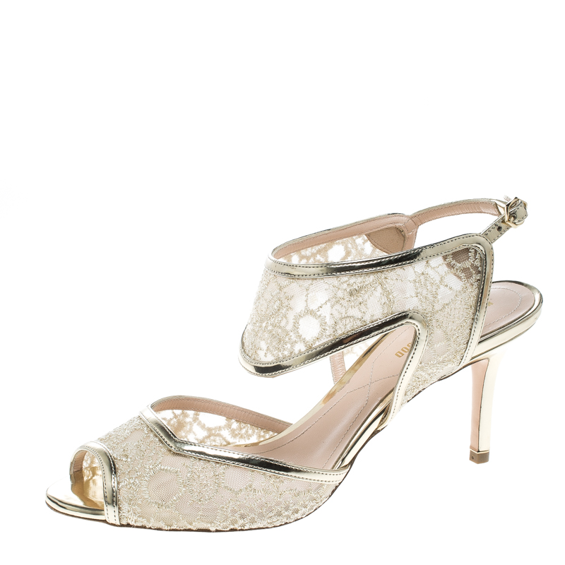 

Nicholas Kirkwood Cream Embroidered Mesh And Metallic Leather Peep Toe Sandals Size