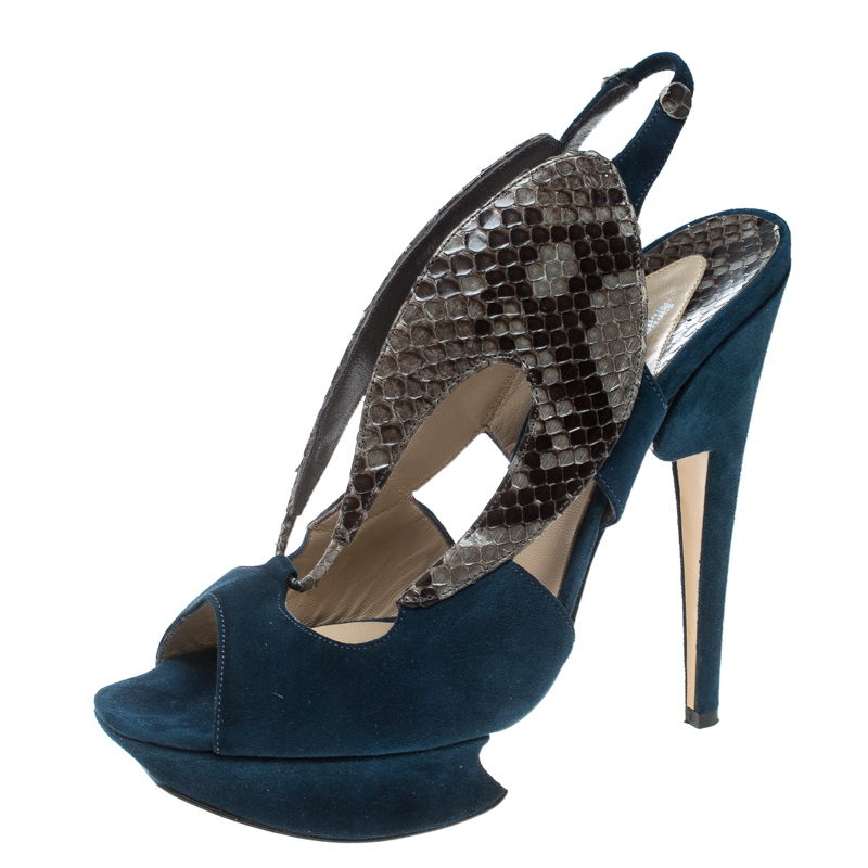 

Nicholas Kirkwood Multicolor Suede and Python Platform Slingback Sandals Size, Blue