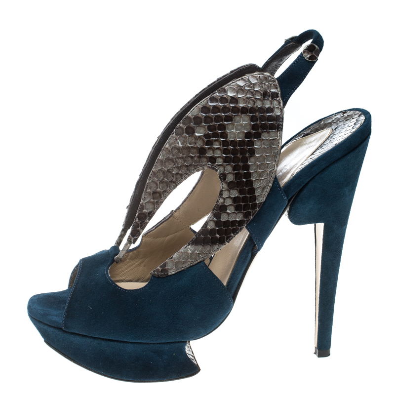 

Nicholas Kirkwood Multicolor Suede and Python Platform Slingback Sandals Size, Blue