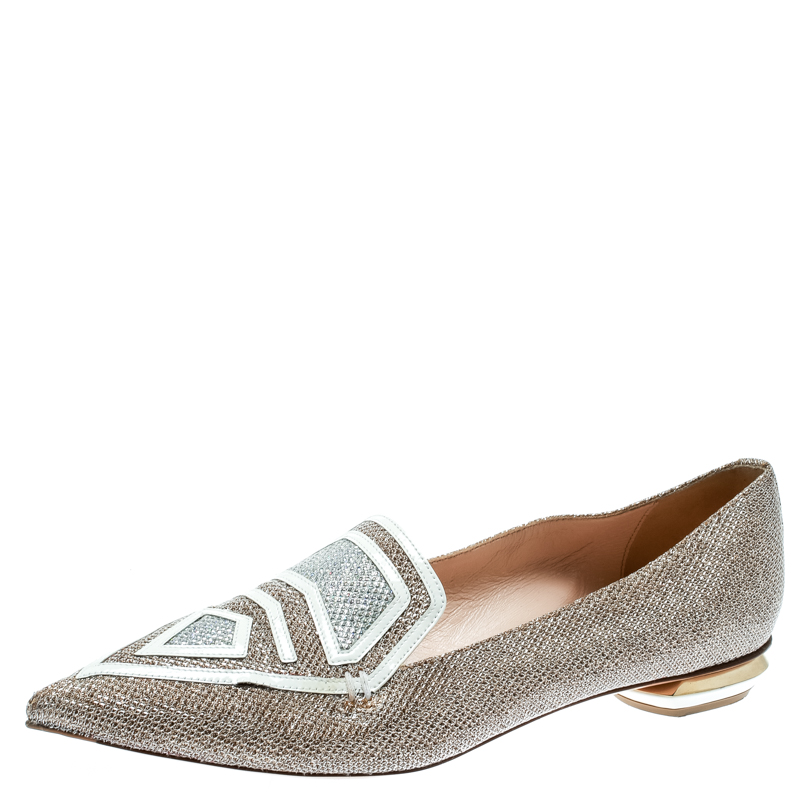 Pre Owned Nicholas Kirkwood Silver Glitter Fabric/Patent Leather Pointed Toe Loafers Size 38