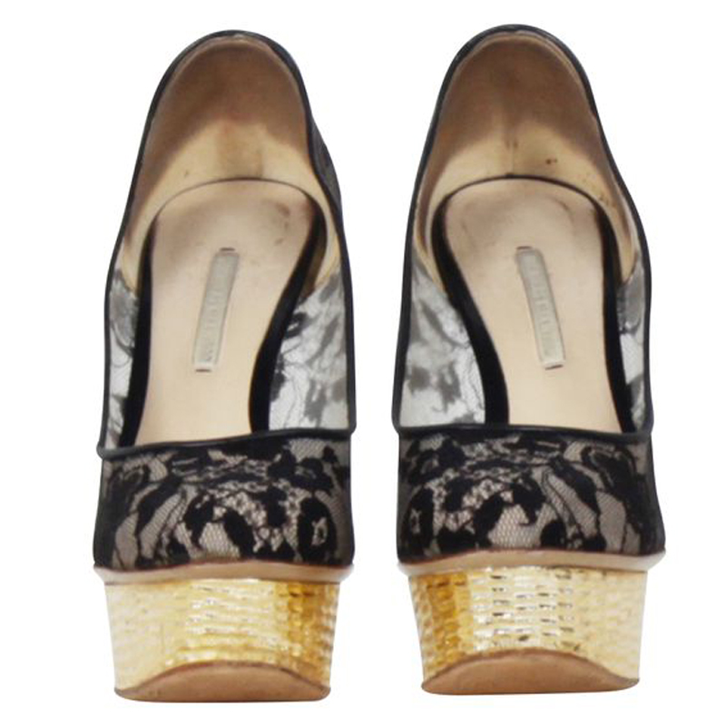 

Nicholas Kirkwood Black Lace Mesh Golden Platform Pumps Size