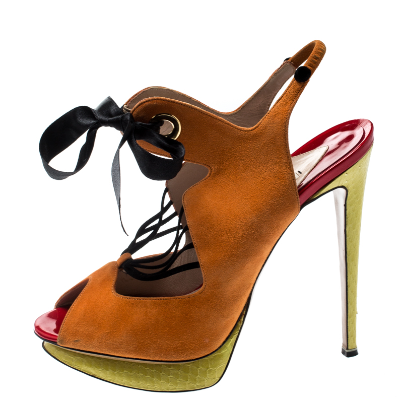 Nicholas Kirkwood Multicolor Suede And Elaphe Python Cut Out Platform Slingback Sandals Size, Orange