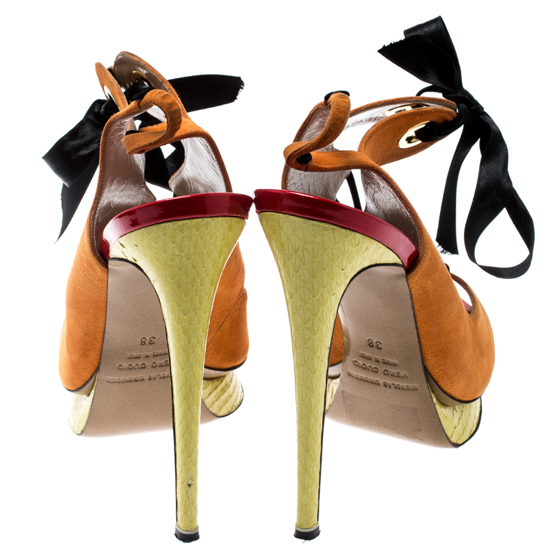 Pre-owned Nicholas Kirkwood Multicolor Suede And Elaphe Python Cut Out Platform Slingback Sandals Size 38 In Orange