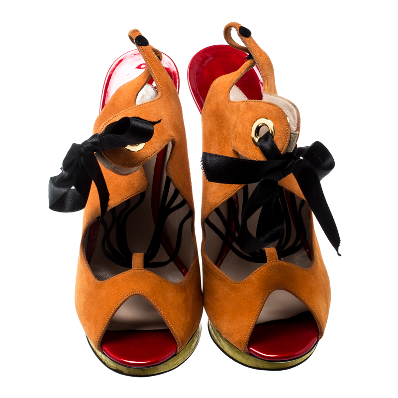 Pre-owned Nicholas Kirkwood Multicolor Suede And Elaphe Python Cut Out Platform Slingback Sandals Size 38 In Orange
