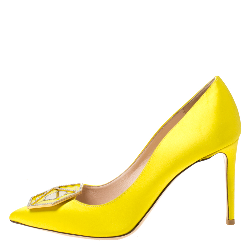 

Nicholas Kirkwood Canary Yellow Satin Eden Jeweled Pointed Toe Pumps Size