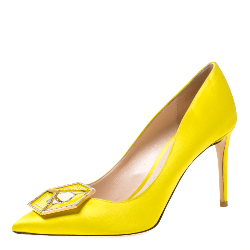 Nicholas Kirkwood Canary Yellow Satin Eden Jeweled Pointed Toe Pumps Size 38