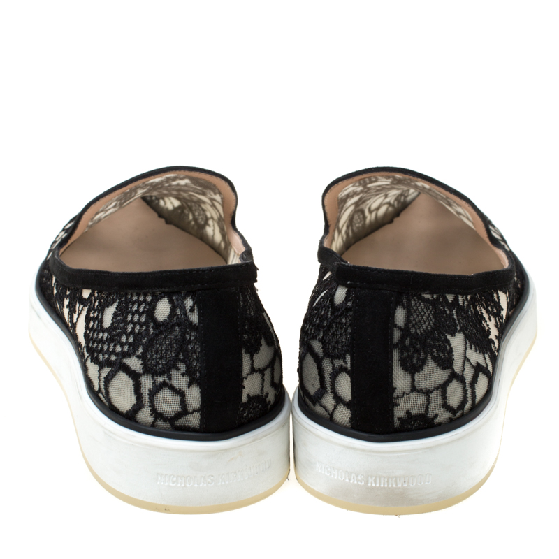 Pre-owned Nicholas Kirkwood Black Lace Alona Pointed Toe Platform Loafers Size 36