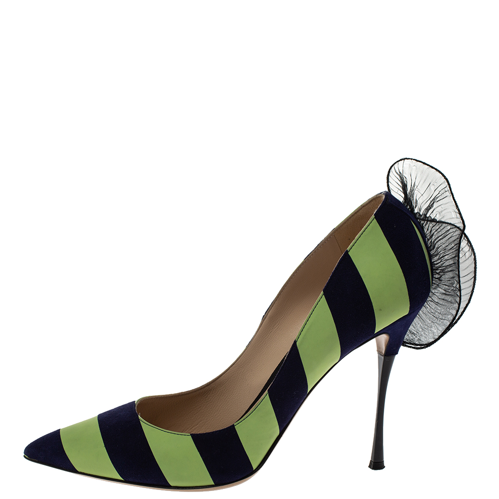 

Nicholas Kirkwood Blue/Green Stripe Suede and Leather Ruffle Back Pointed Toe Pumps Size