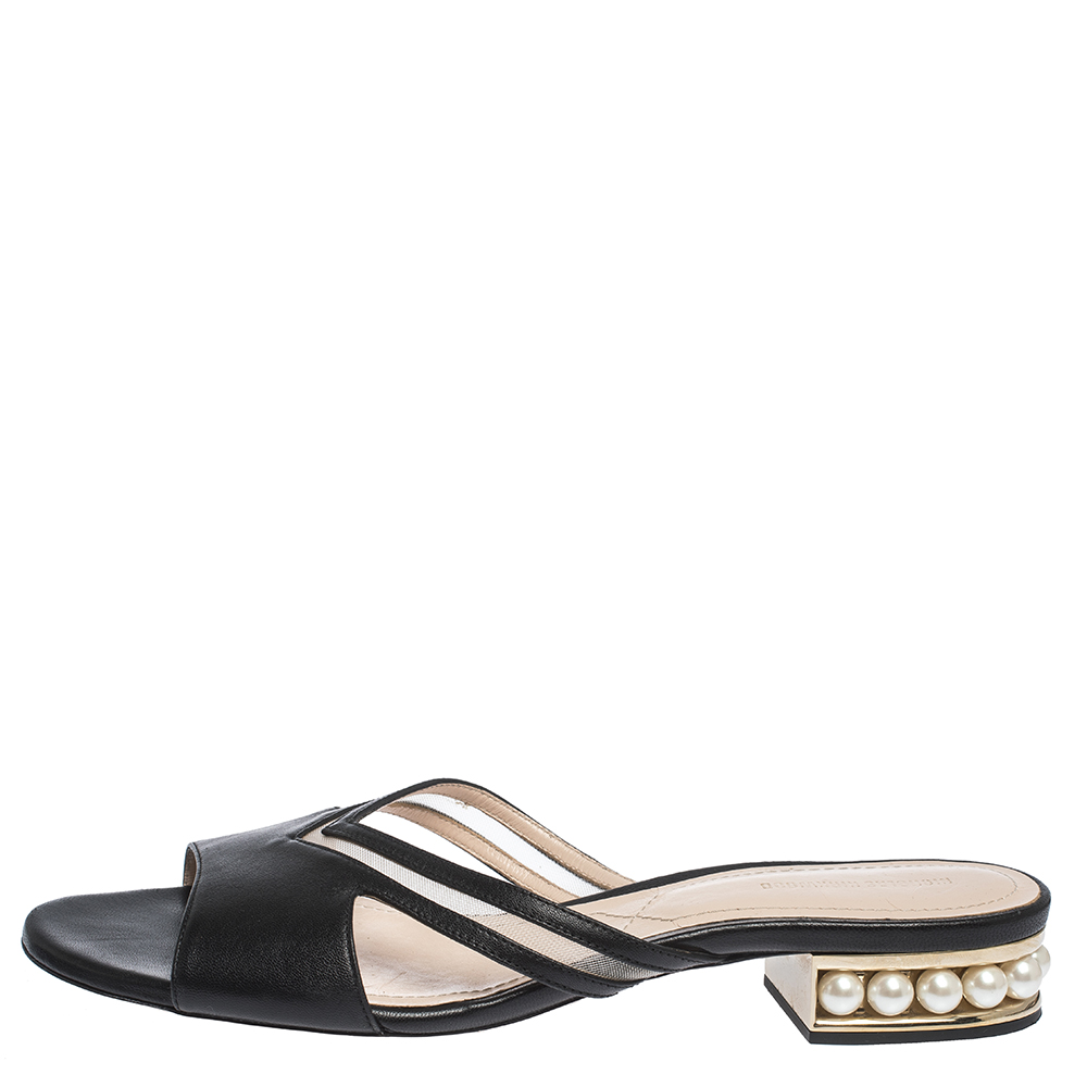 

Nicholas Kirkwood Black Mesh and Leather Pearl Embellished Flat Slides Size