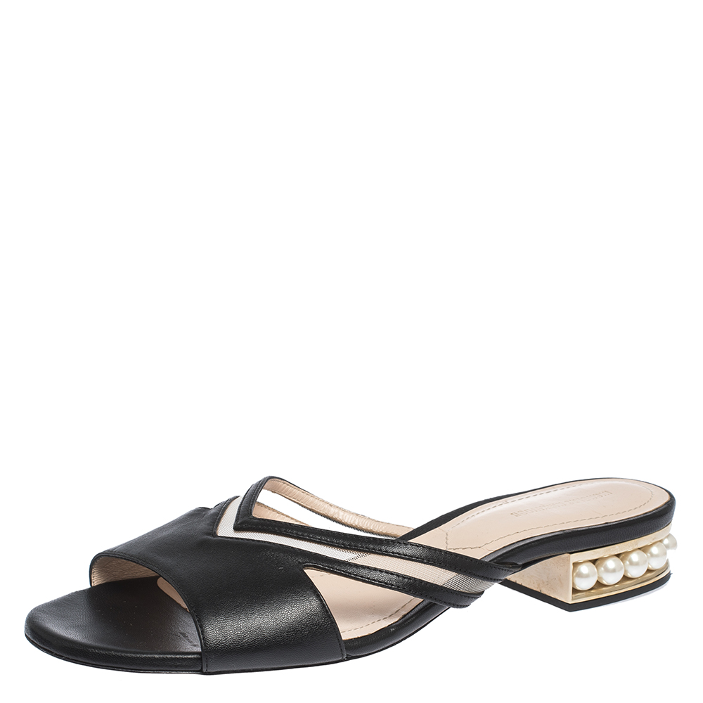 Nicholas Kirkwood Black Mesh and Leather Pearl Embellished Flat Slides Size 41 