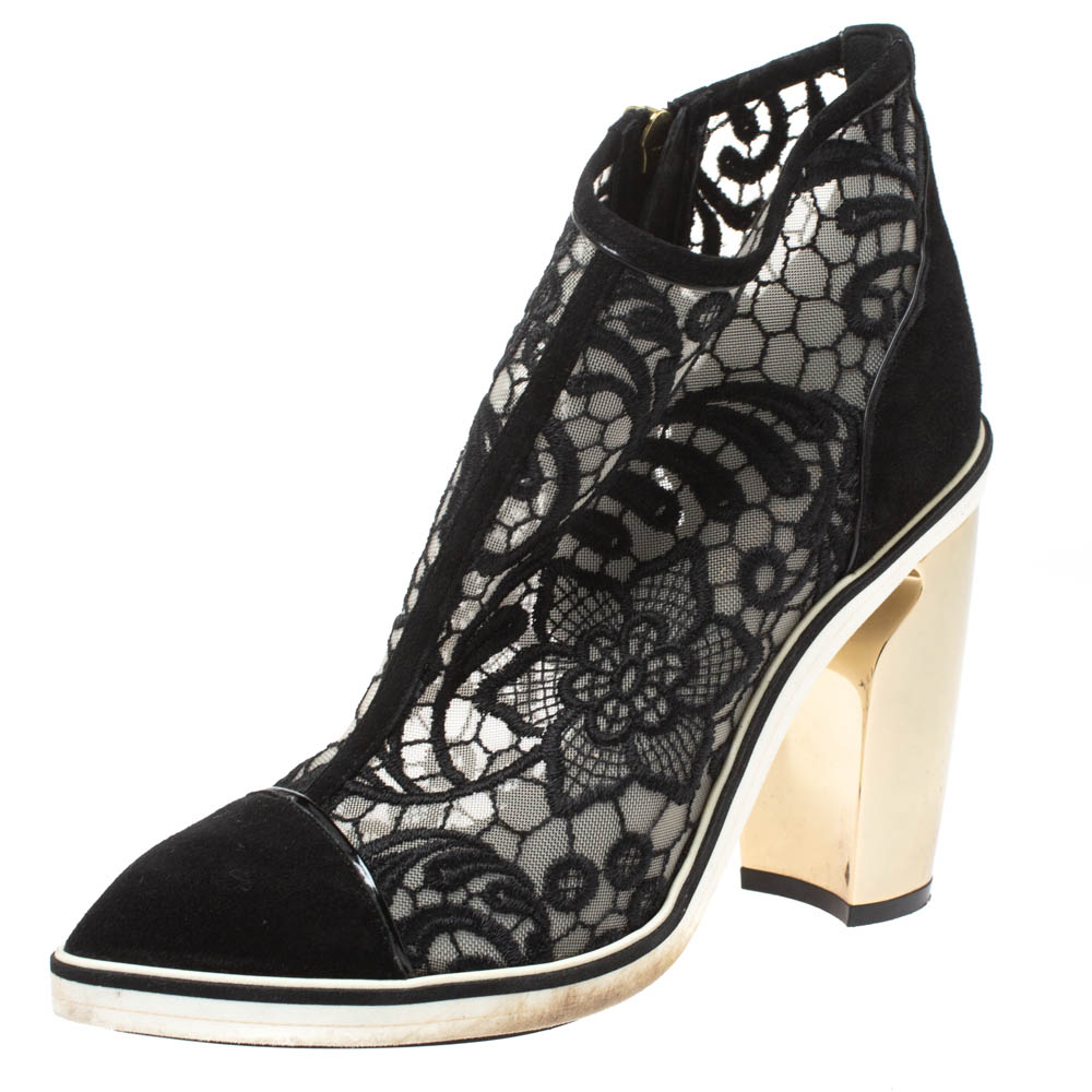 

Nicholas Kirkwood Black Suede and Embroidered Mesh Block Heel Ankle Boots Size