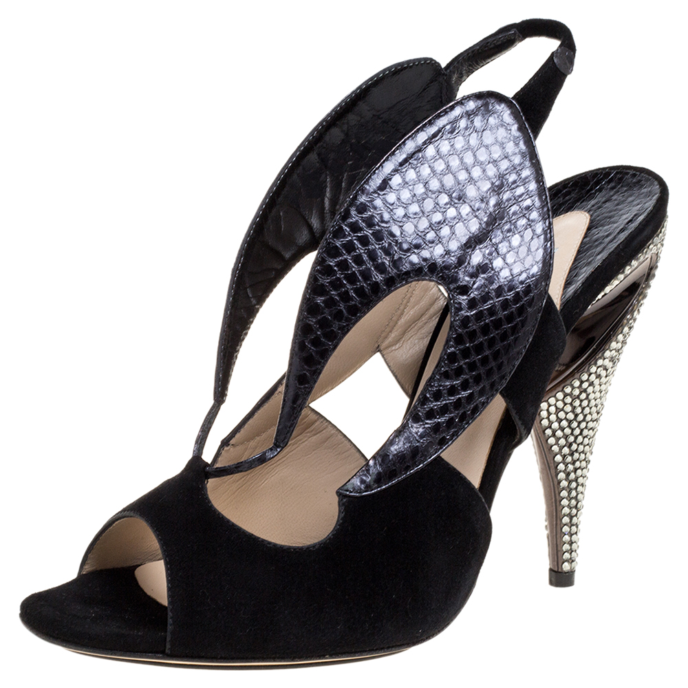 

Nicholas Kirkwood Black Suede And Python Embossed Leather Cutout Slingback Sandals Size