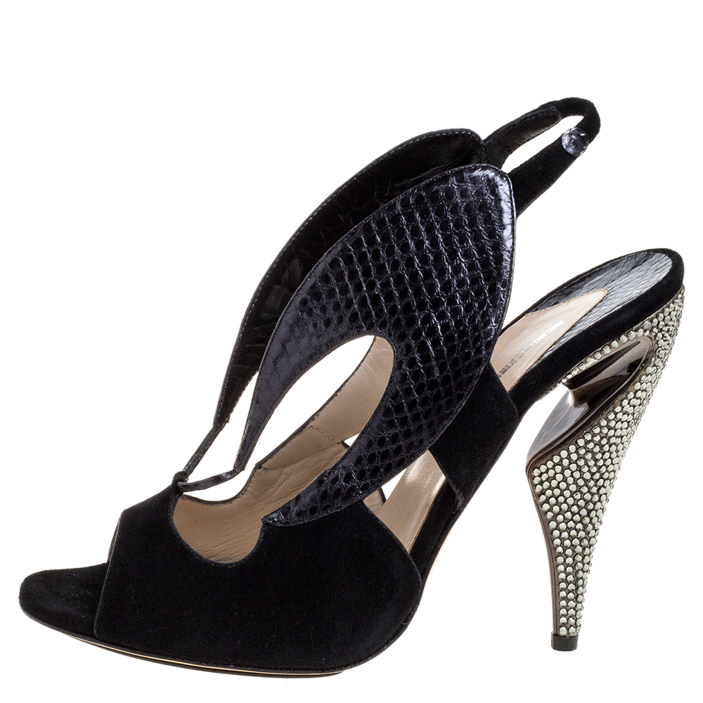 

Nicholas Kirkwood Black Suede And Python Embossed Leather Cutout Slingback Sandals Size