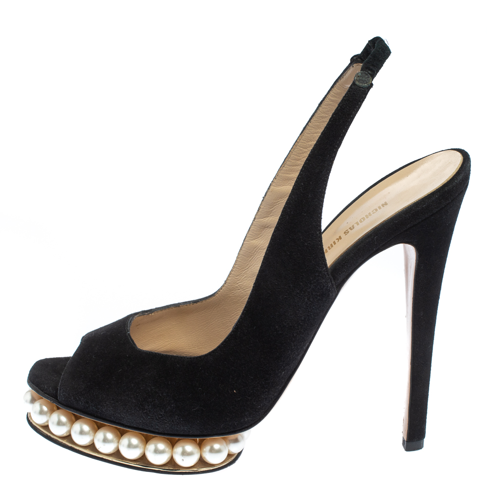 

Nicholas Kirkwood Black Suede Pearl Embellished Platform Slingback Sandals Size