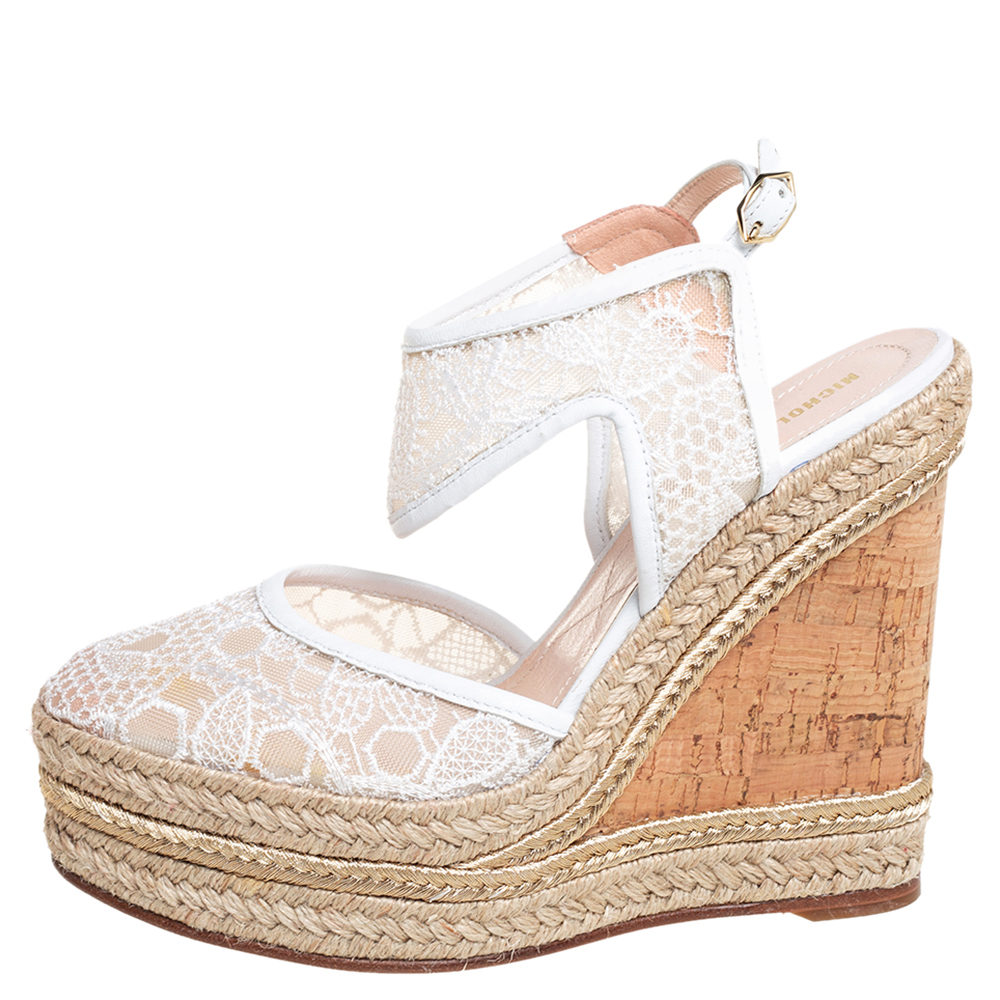 

Nicholas Kirkwood White Lace Wedge Platform Ankle Strap Espadrilles Size