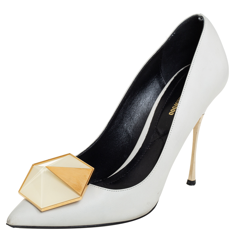 Pre-owned Nicholas Kirkwood White Leather Hexagon Pointed Toe Pumps Size 38.5