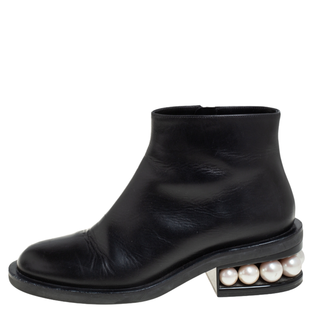 

Nicholas Kirkwood Black Leather Faux Pearl Embellished Ankle Boots Size