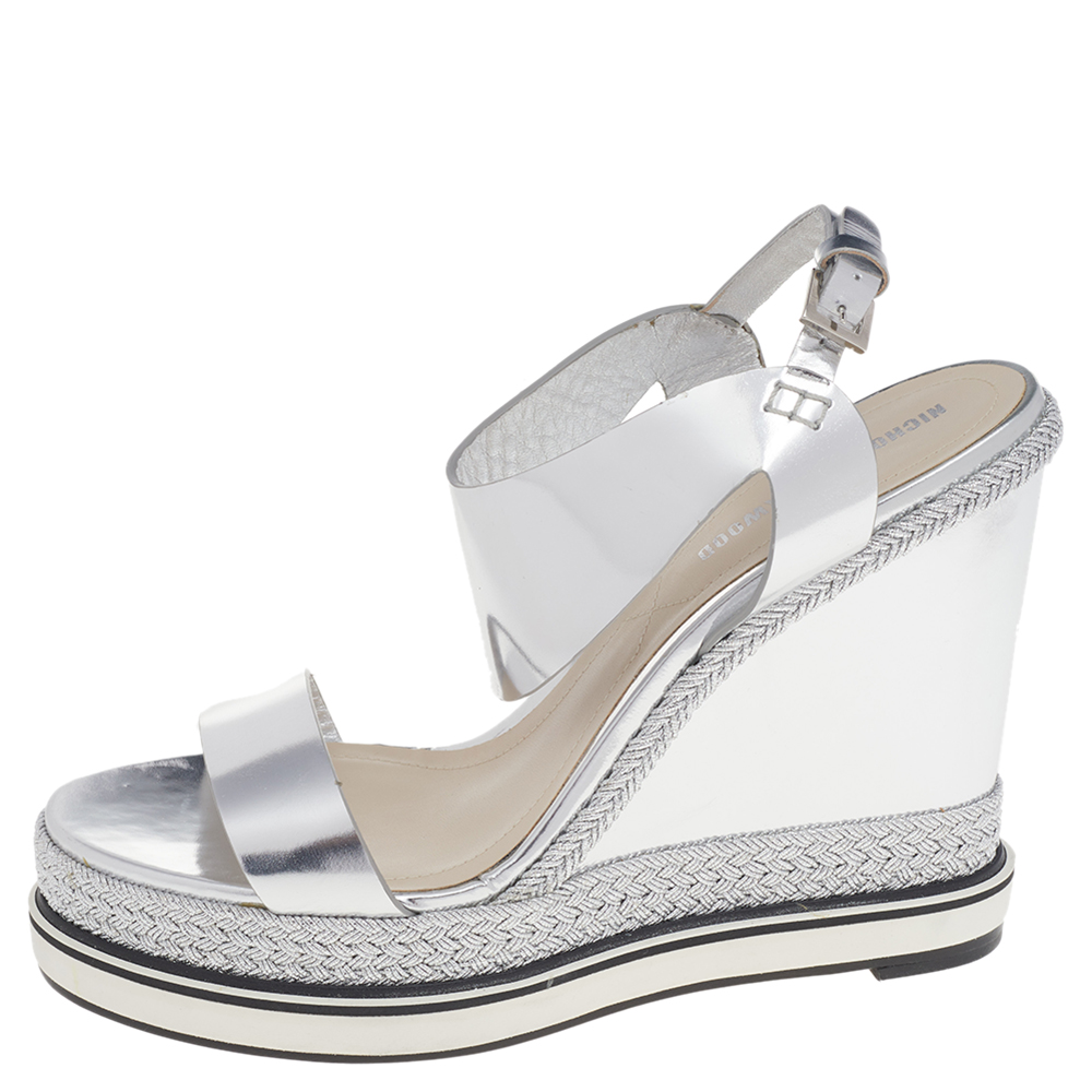 

Nicholas Kirkwood Metallic Silver Foil Leather Wedge Espadrille Ankle Strap Sandals Size