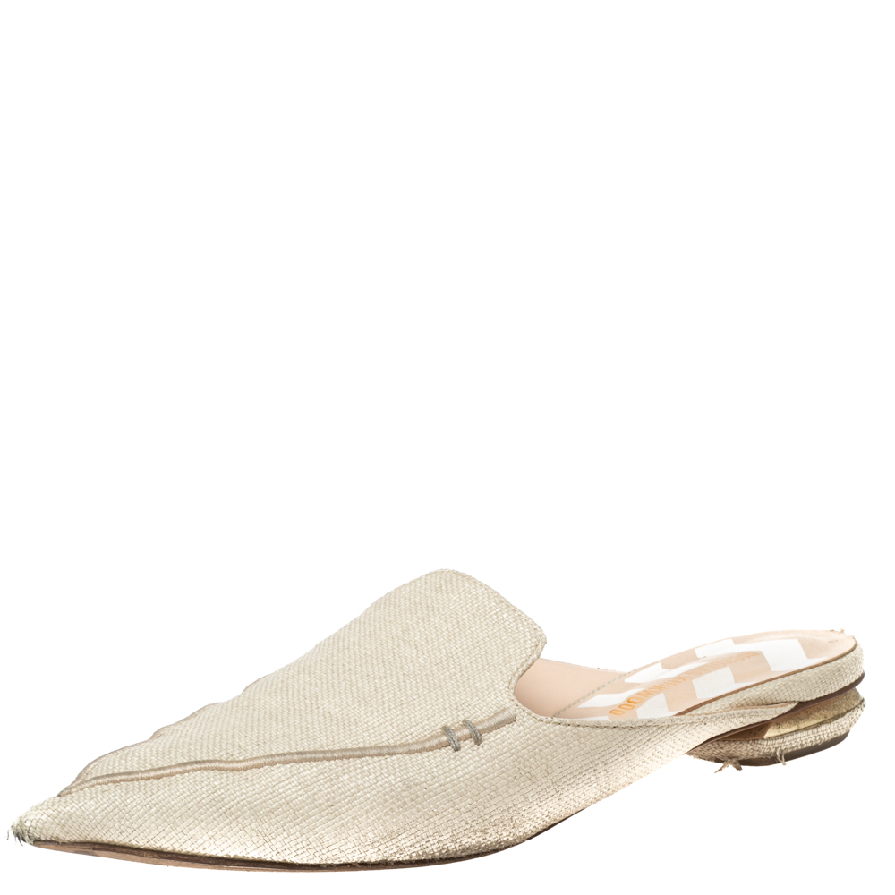 

Nicholas Kirkwood Cream Raffia Pointed Toe Beya Flat Mule Sandals Size