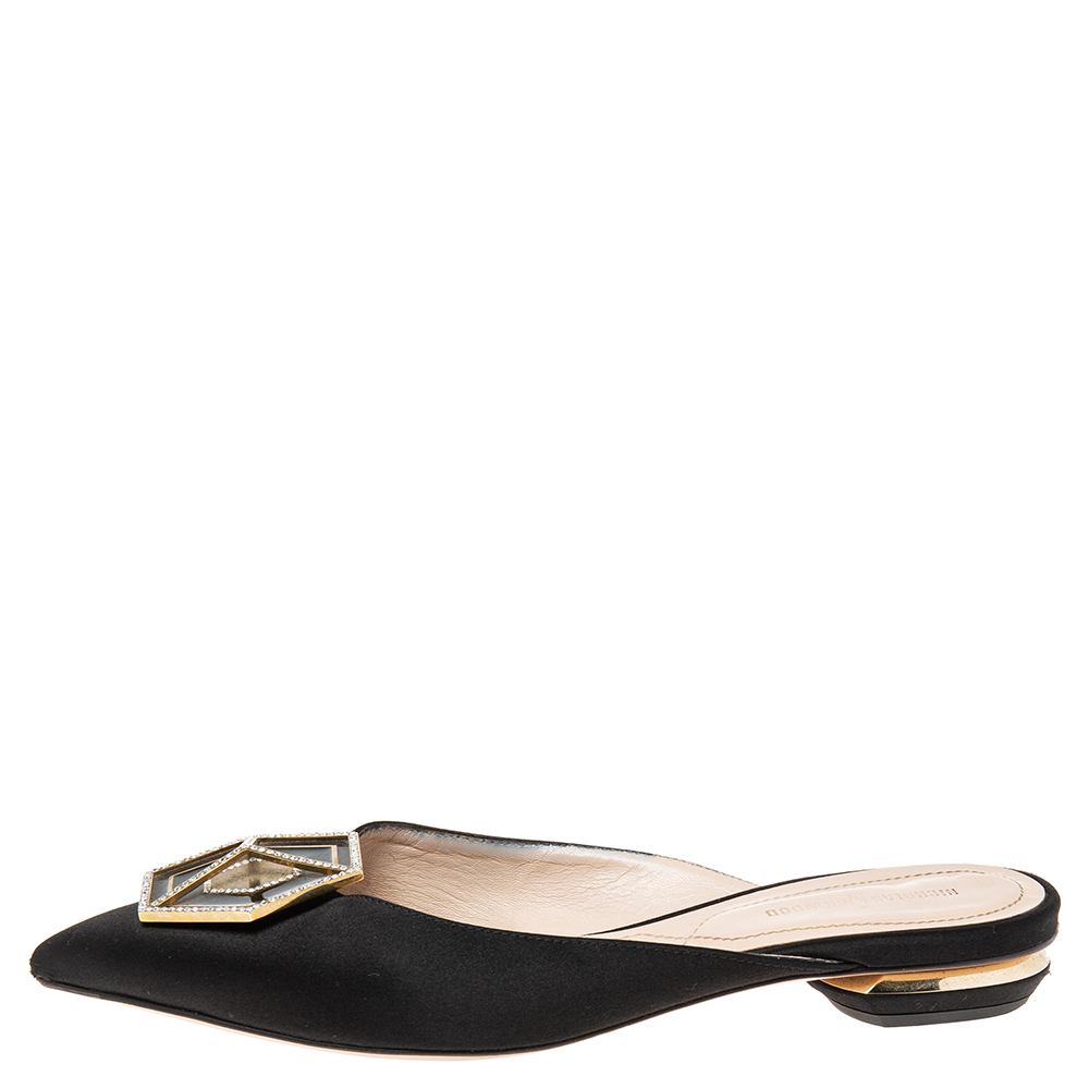 

Nicholas Kirkwood Black Satin Eden Crystal Embellished Flat Sandals Size