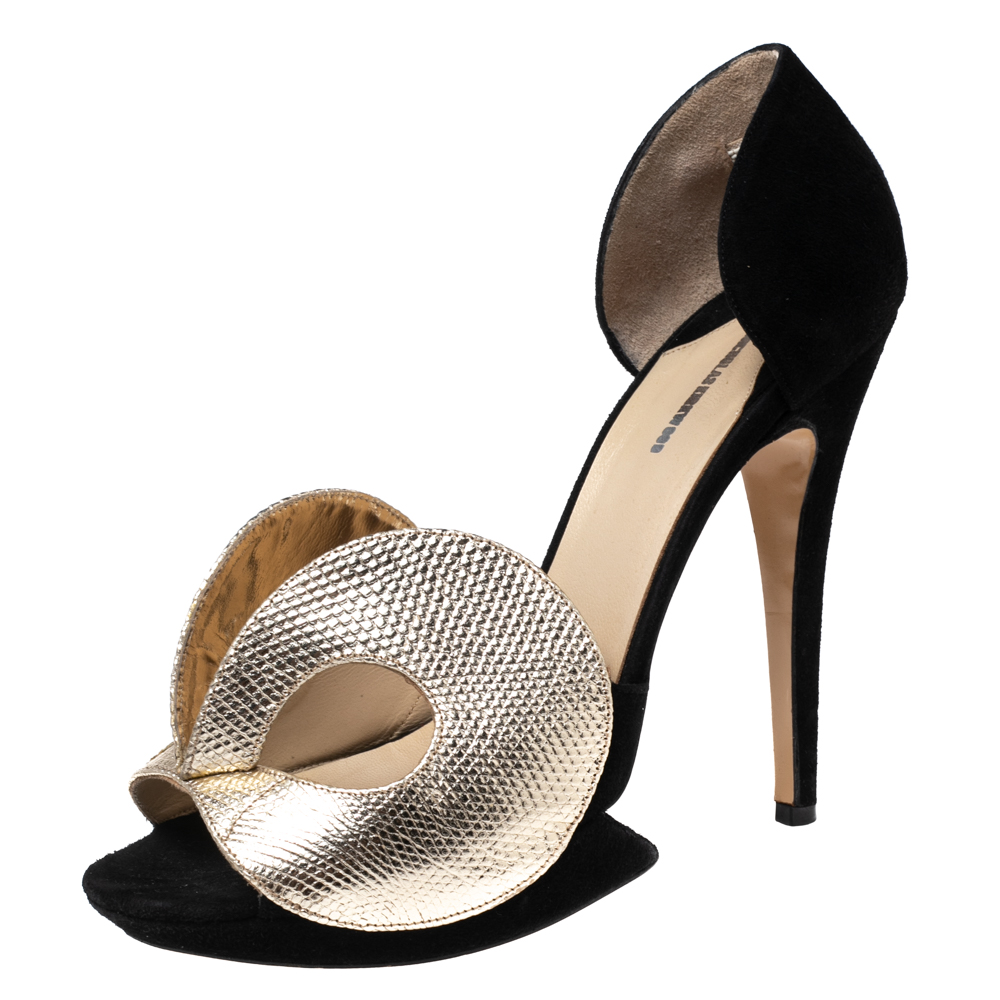 

Nicholas Kirkwood Black/Gold Suede and Textured Leather Open-Toe Platform Sandals Size