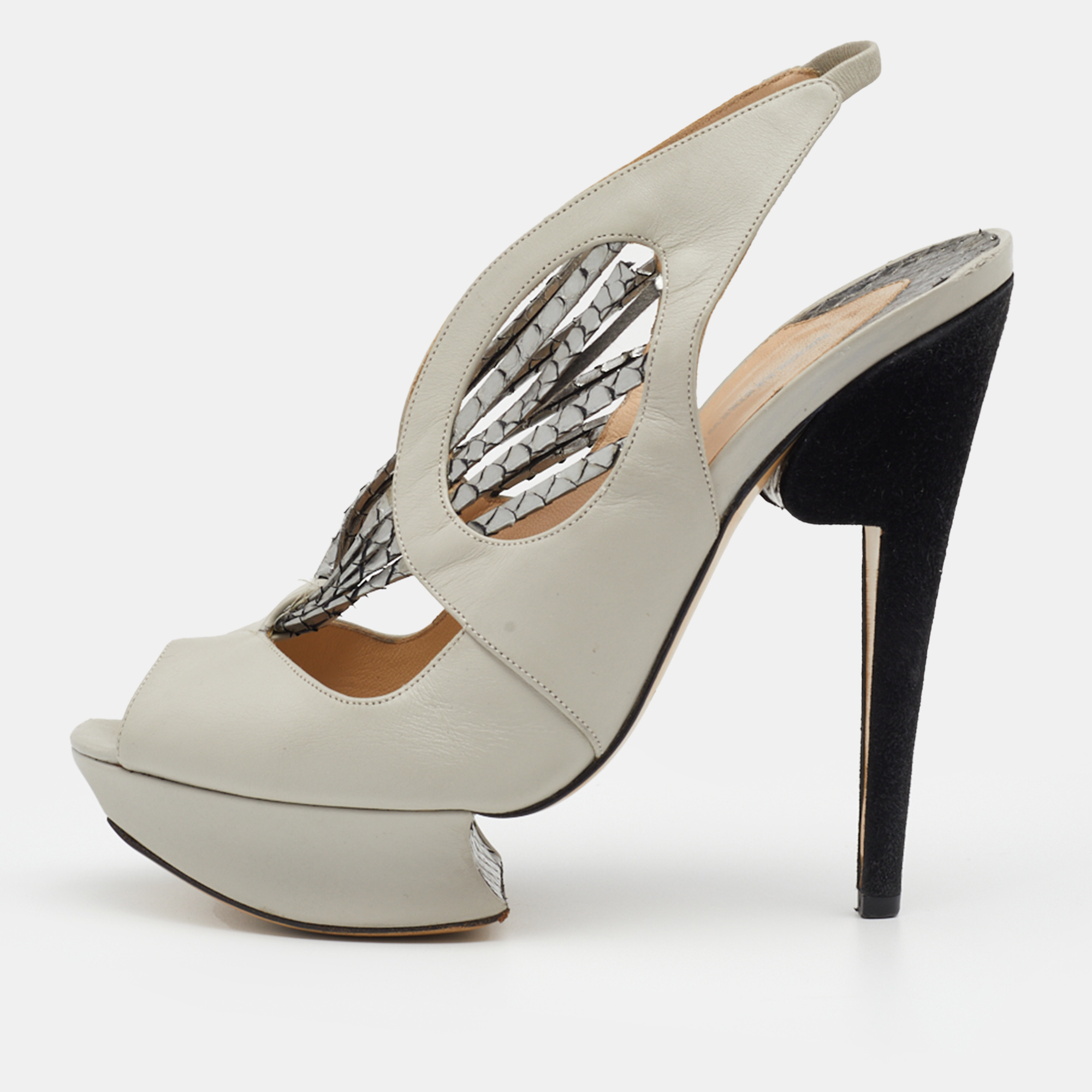 Pre-owned Nicholas Kirkwood Grey/silver Python And Leather Platform Slingback Sandals Size 37.5