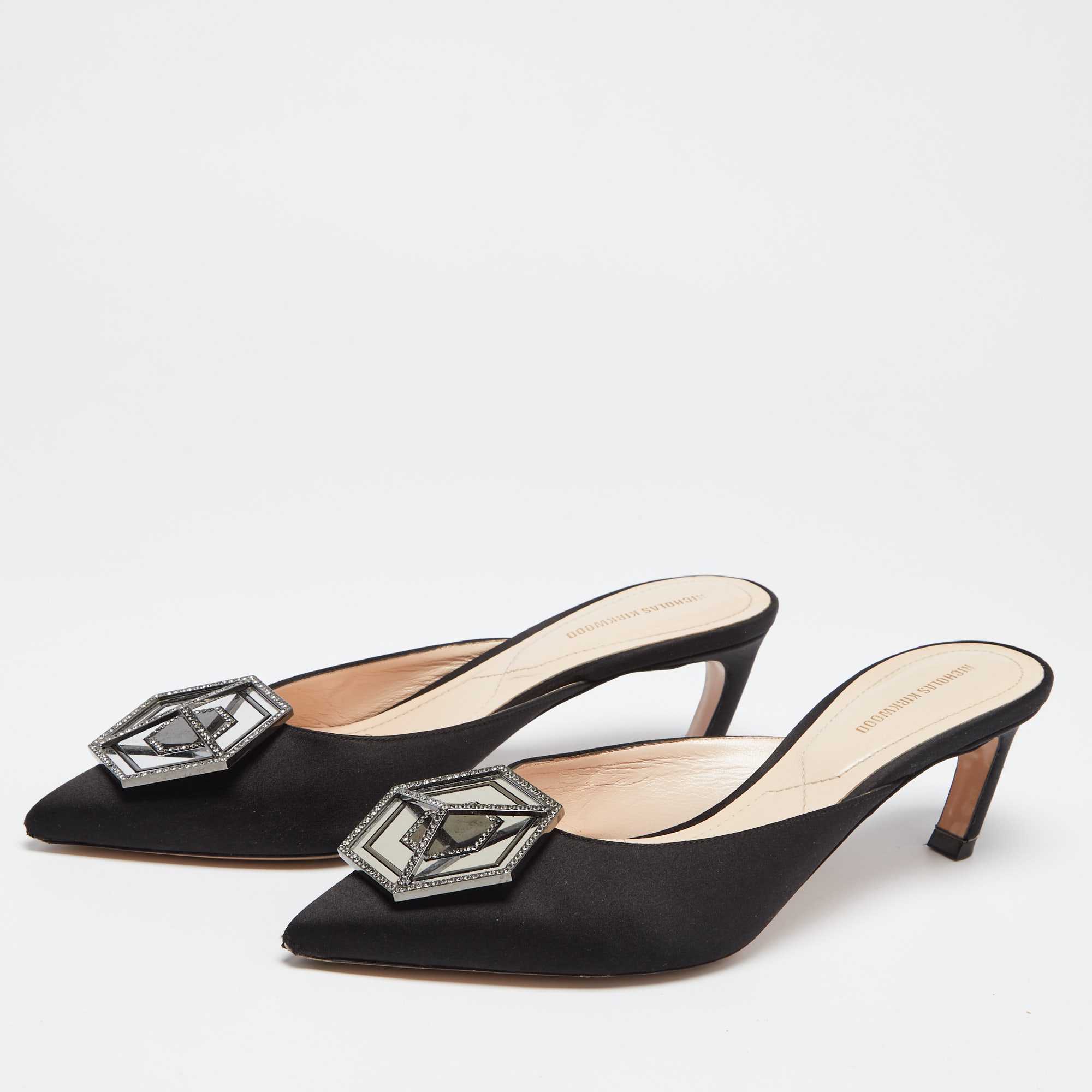 

Nicholas Kirkwood Black Satin Eden Crystals Embellished Mule Sandals Size