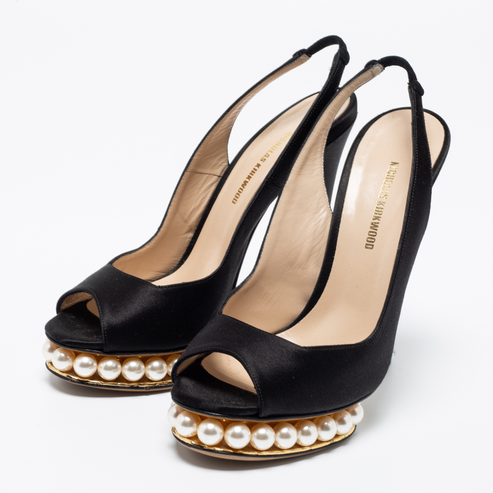 

Nicholas Kirkwood Black Satin Peep-Toe Faux Pearl Embellished Platform Slingback Sandals Size