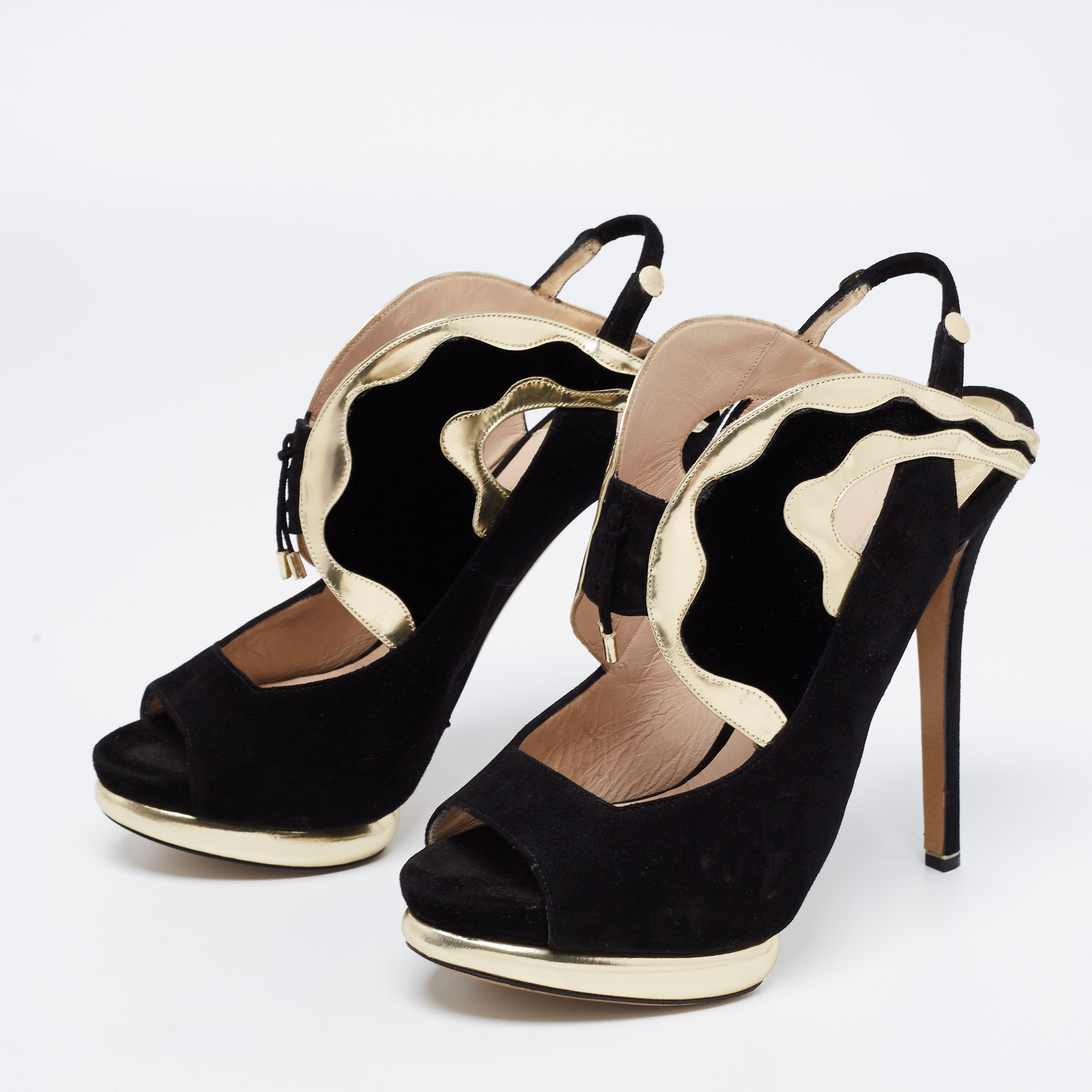 

Nicholas Kirkwood Black/Gold Suede And Leather Platform Slingback Sandals Size
