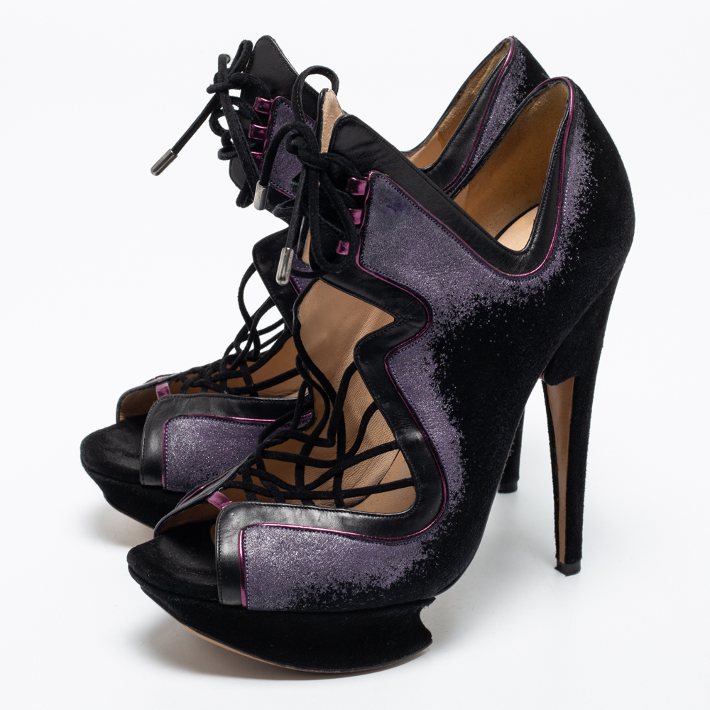 

Nicholas Kirkwood Black/Purple Suede And Leather Cut Out Platform Lace Up Booties Size