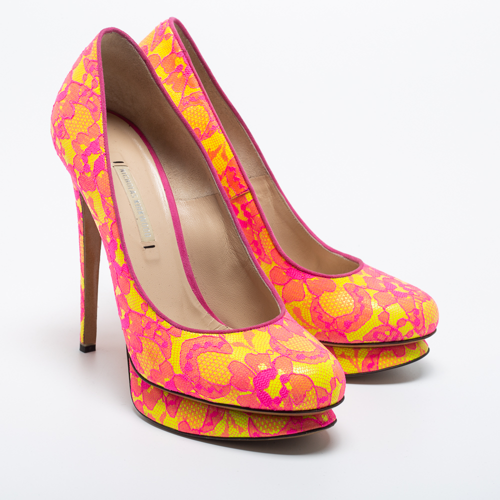 Nicholas Kirkwood Two Tone Satin and Lace Platform Pumps Size 38 
