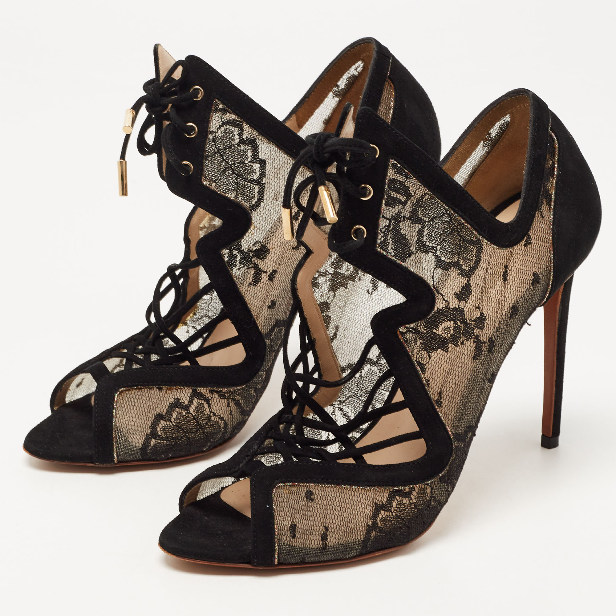 

Nicholas Kirkwood Black Lace and Suede Cut Out Lace Up Booties Size