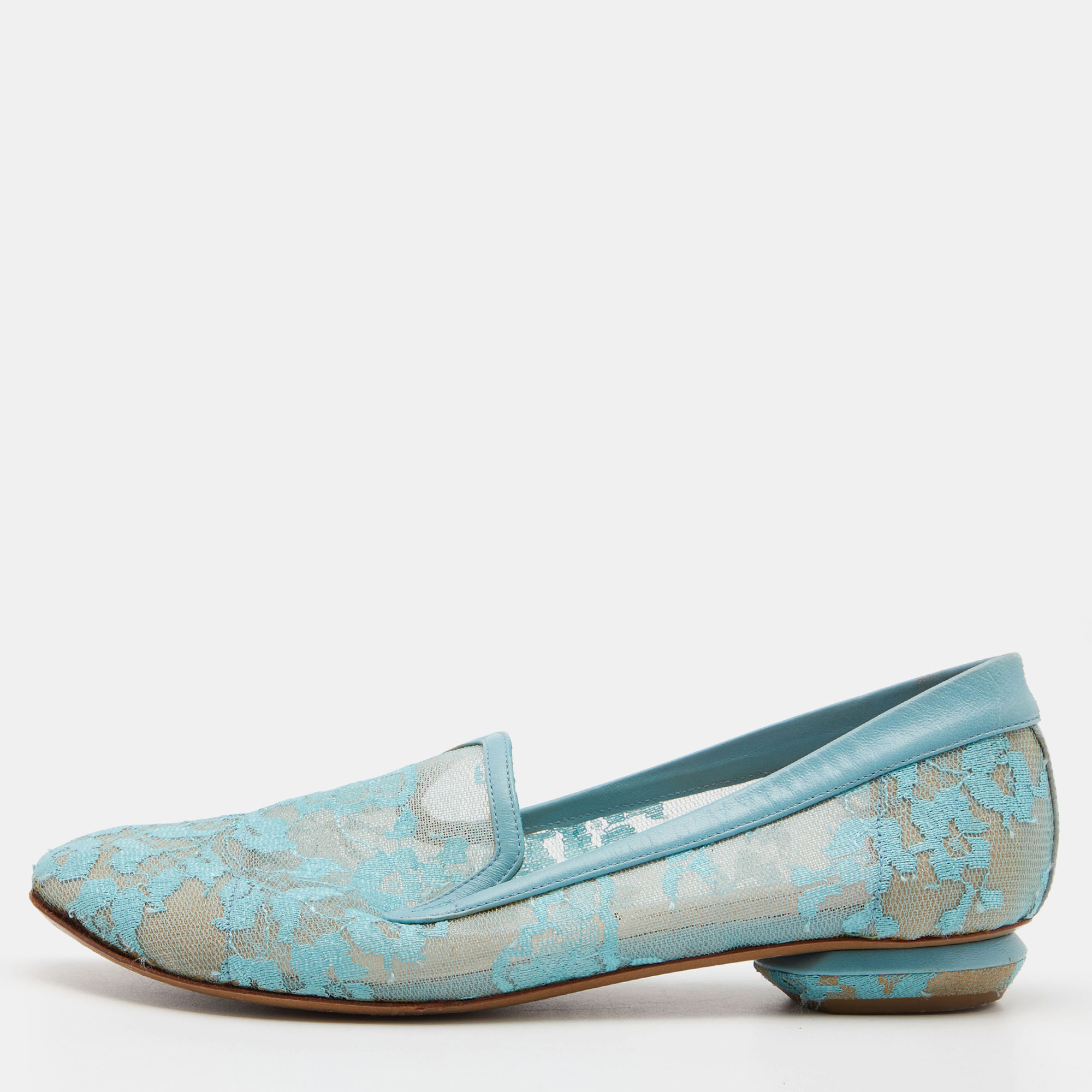 Pre-owned Nicholas Kirkwood Blue Lace And Leather Casati Ballet Flats Size 37